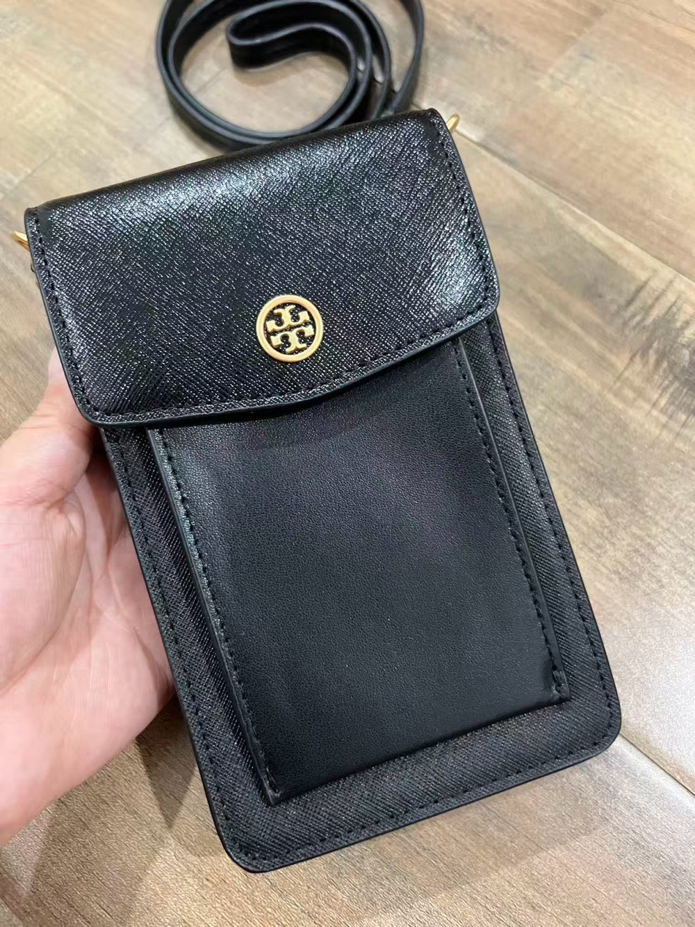 Tory Burch Black Leather Crossbody Phone Pouch with Gold Logo